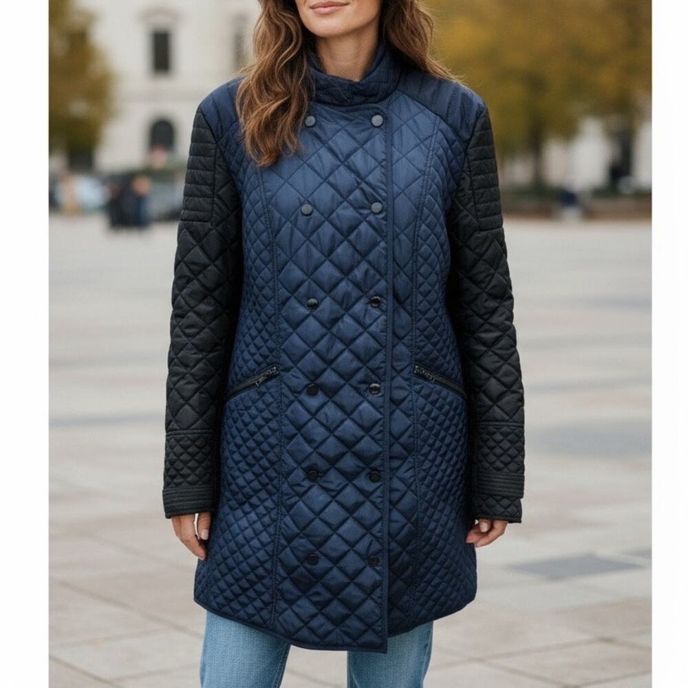 Black Rivet Jacket Womens XL Blue Black Quilted Double Breasted Pockets Outdoors